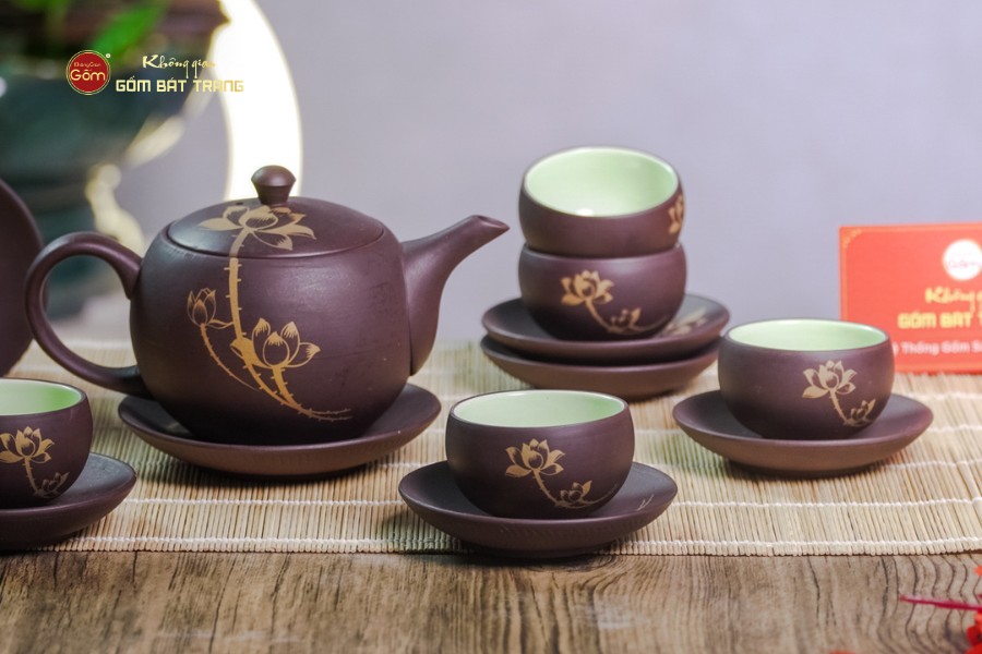 Bộ Ấm Trà Tử Sa Nâu Sen Vàng