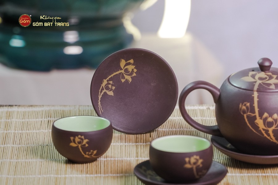 Bộ Ấm Trà Tử Sa Nâu Sen Vàng