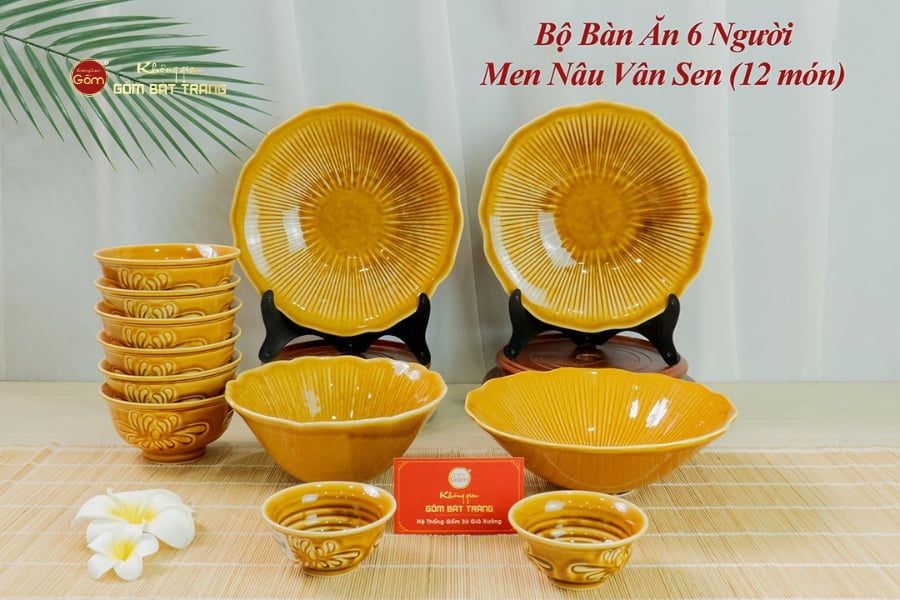 Bộ Bàn Ăn 6 Người (12 Món) Men Nâu Vân Sen