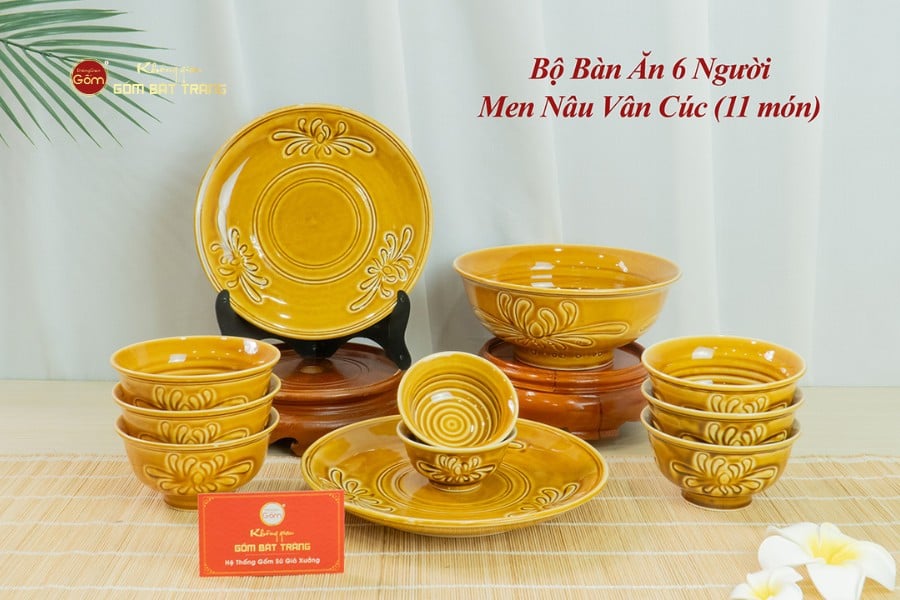 Bộ Bát Đĩa Men Nâu Vân Hoa Cúc