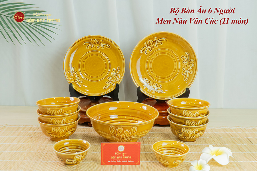 Bộ Bàn Ăn 6 Người (11 Món) Men Nâu Vân Hoa Cúc