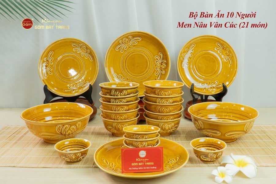 Bộ Bàn Ăn 10 Người (21 Món) Men Nâu Vân Hoa Cúc