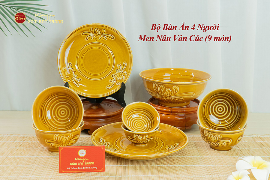 Bộ Bàn Ăn 4 Người (9 Món) Men Nâu Vân Hoa Cúc