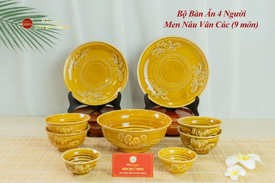 Bộ Bát Đĩa Men Nâu Vân Hoa Cúc