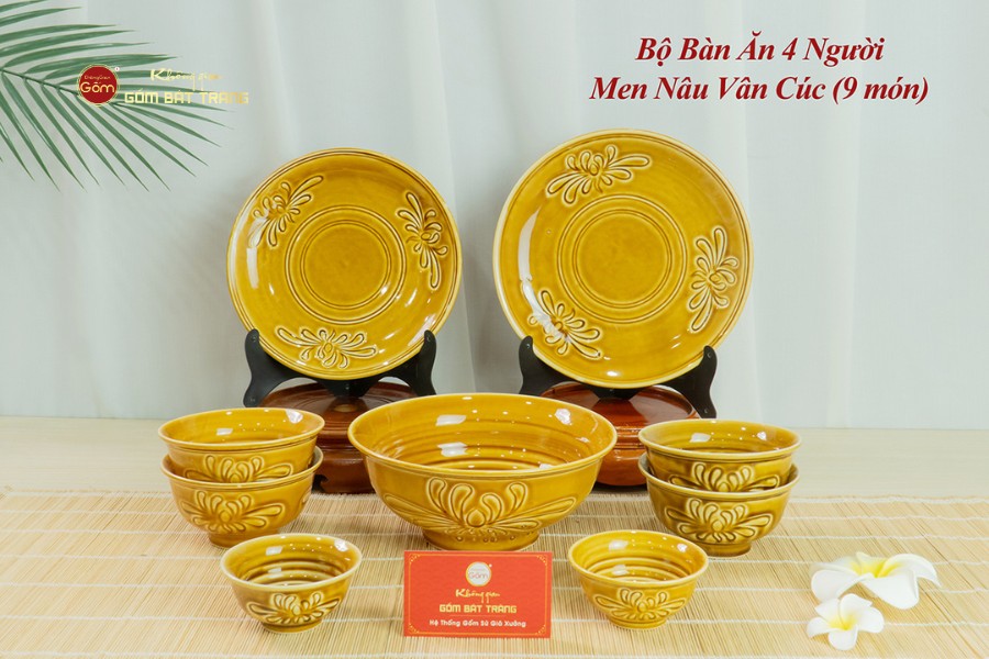 Bộ Bàn Ăn 4 Người (9 Món) Men Nâu Vân Hoa Cúc