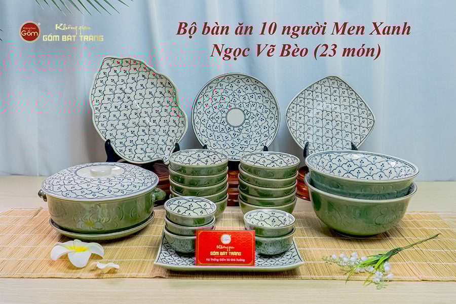 Bộ Bát Đĩa Bát Tràng Men Xanh Ngọc Vẽ Bèo