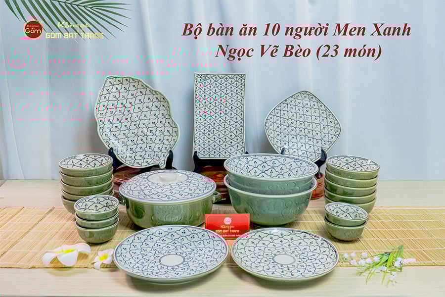 Bộ Bàn Ăn 10 Người (23 món) Men Xanh Ngọc Vẽ Bèo