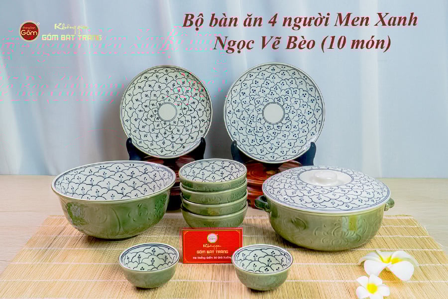 Bộ Bát Đĩa Bát Tràng Men Xanh Ngọc Vẽ Bèo