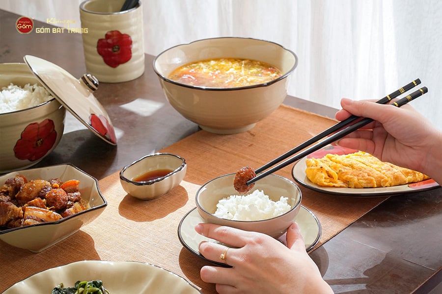 Bộ Bát Đĩa Bát Tràng Men Hỏa Biến Hoa Sứ Đỏ