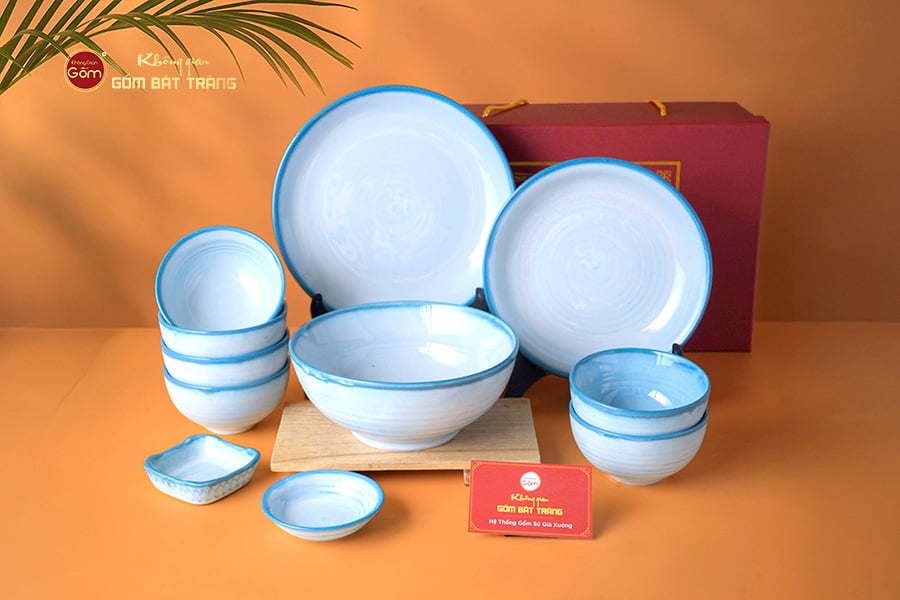 Bộ Bát Đĩa Bát Tràng Men Biển Xanh Cát Trắng