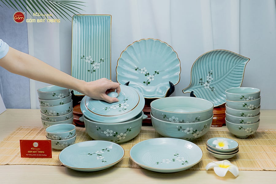Bộ Bát Đĩa Bát Tràng Men Ngọc Hoa Đào Trắng