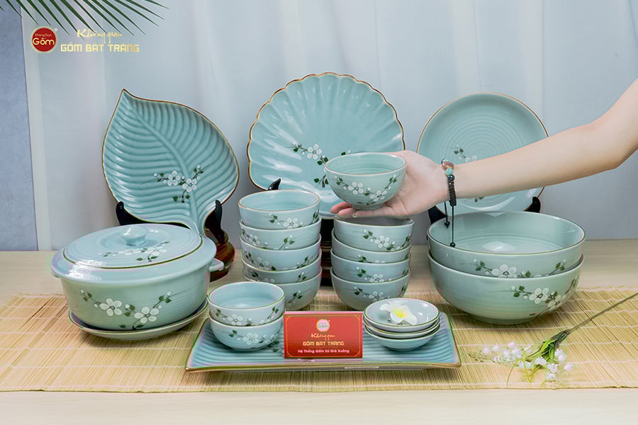 Bộ Bát Đĩa Bát Tràng Men Ngọc Hoa Đào Trắng