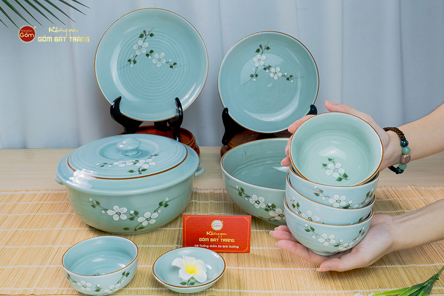 Bộ Bàn Ăn 4 Người (10 món) Men Ngọc Hoa Đào Trắng