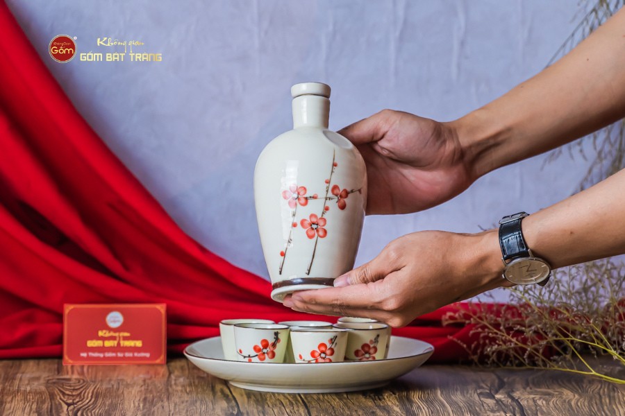 Bộ Nậm Rượu Hoa Đào Đỏ