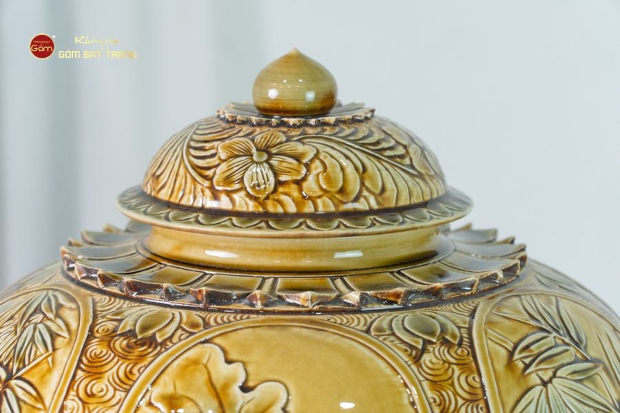 Chum Ngâm Rượu Men Hoàng Thổ Họa Tiết Hoa Sen Trúc