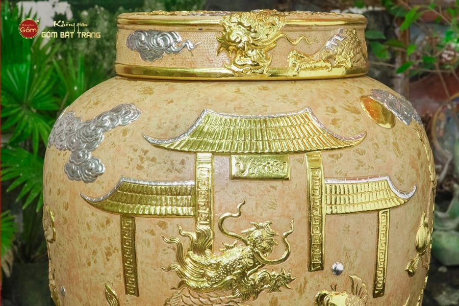 Chum Sành Cá Chép Vượt Vũ Môn Kim Sa Chạm Nổi Dát Vàng