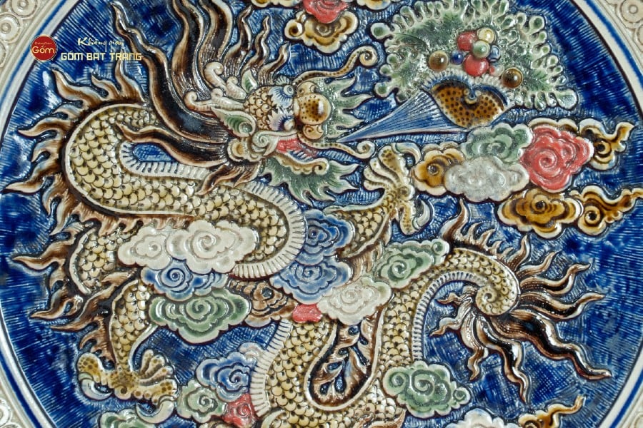 Đĩa Trưng Bày Đắp Nổi Vẽ Màu Cá Chép Hóa Rồng