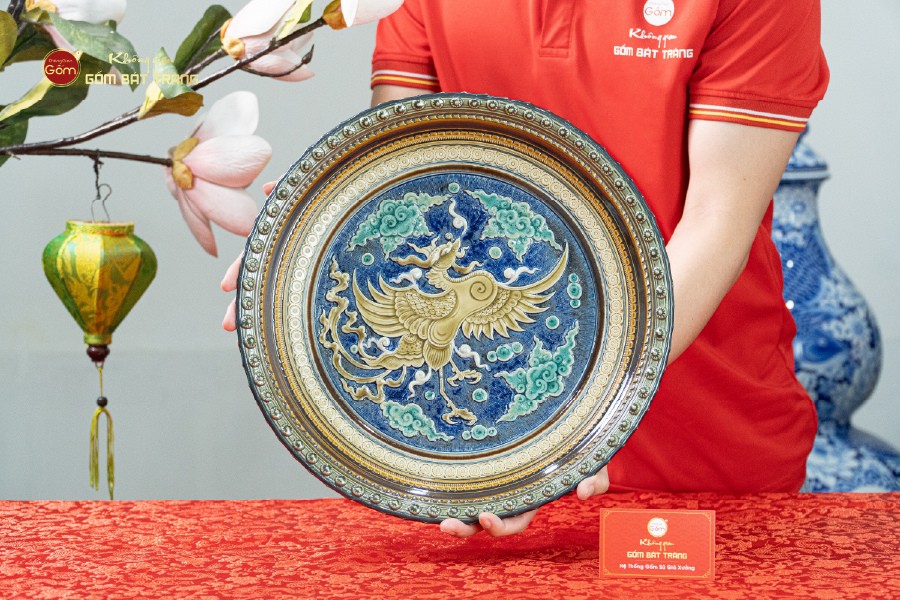 Đĩa Trưng Bày Đắp Nổi Vẽ Màu Phượng Hoàng Tung Cánh
