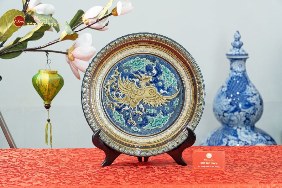 Đĩa Trưng Bày Đắp Nổi Vẽ Màu Phượng Hoàng Tung Cánh