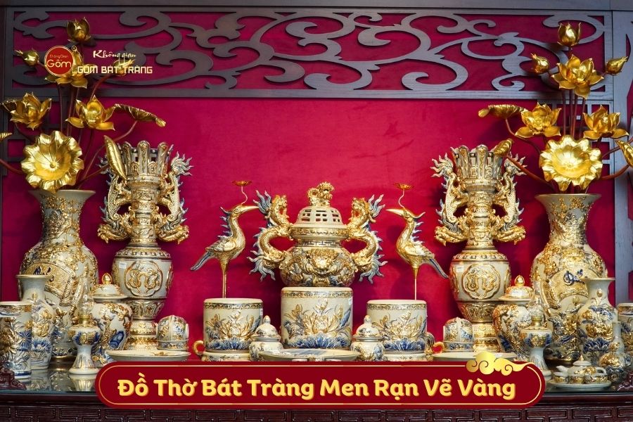 Bộ thờ men rạn hoa sen vẽ vàng