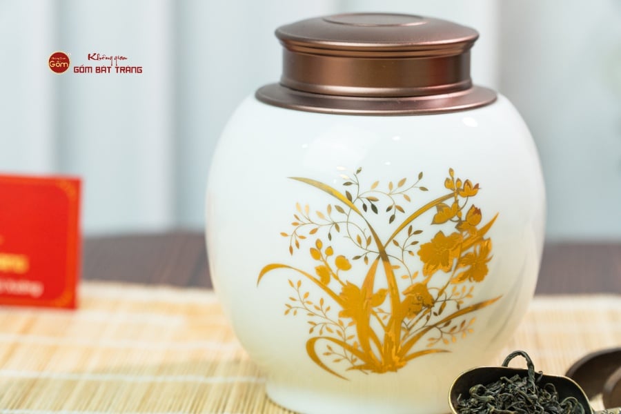 Hũ Đựng Trà Men Trắng Họa Tiết Hoa Vẽ Vàng