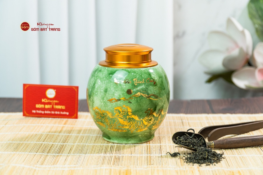 Hũ Đựng Trà Men Xanh Mã Đáo Thành Công Vẽ Vàng