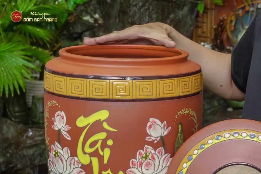 Hũ Gạo Tài Lộc 15Kg Hoa Sen Nắp Ngang