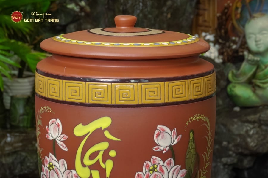 Hũ Gạo Tài Lộc 15Kg Hoa Sen Nắp Ngang