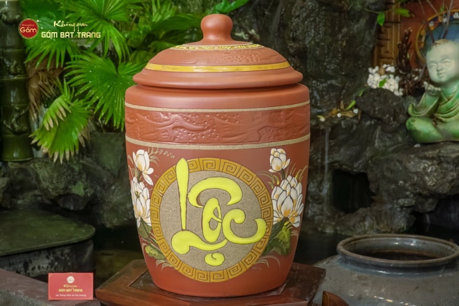 Hũ Gốm Họa Tiết Hoa Sen Lộc Nắp Nhọn
