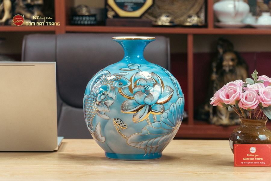 Quả Hút Lộc Niên Niên Hữu Dư Chạm Nổi Vẽ Vàng