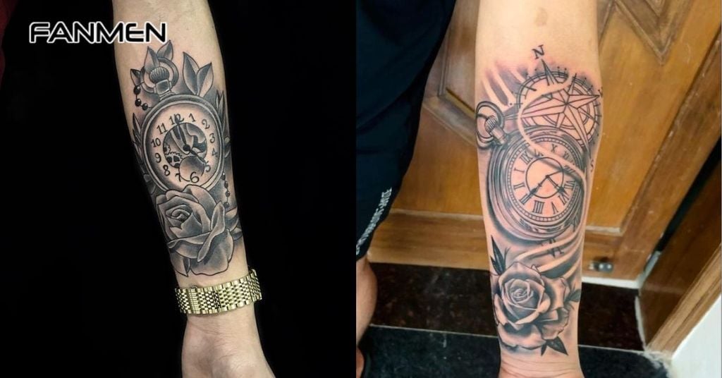 Hình xăm đồng hồ hoa hồng cho nam 1
