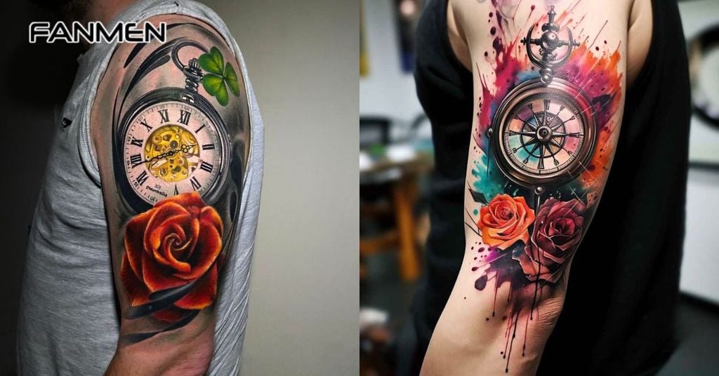 Hình xăm đồng hồ hoa hồng cho nam 7