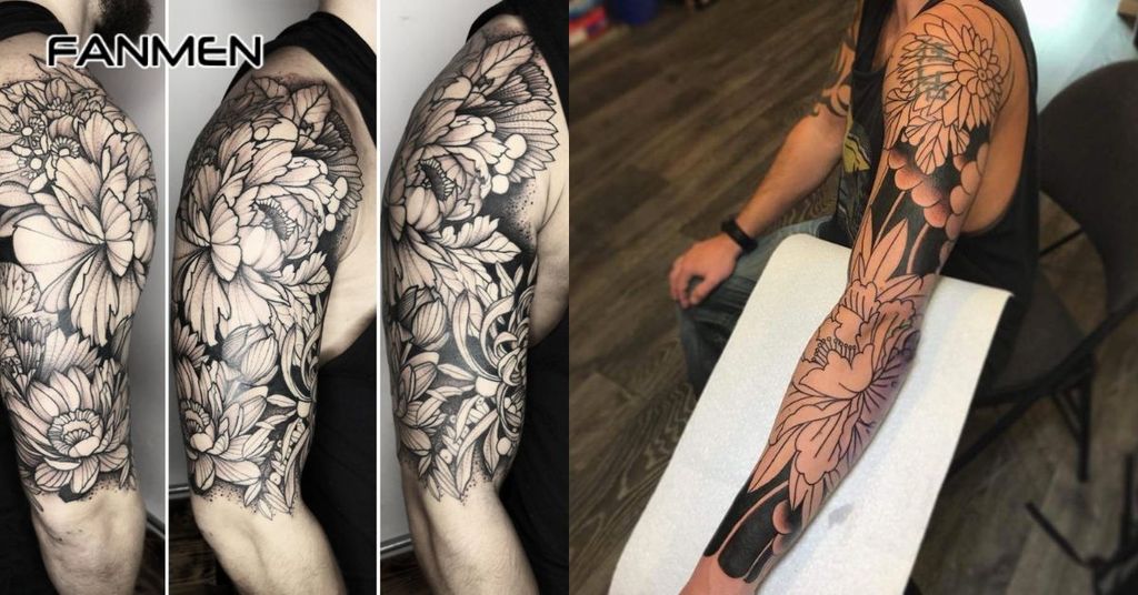 Hình xăm hoa mẫu đơn đen trắng&nbsp;6