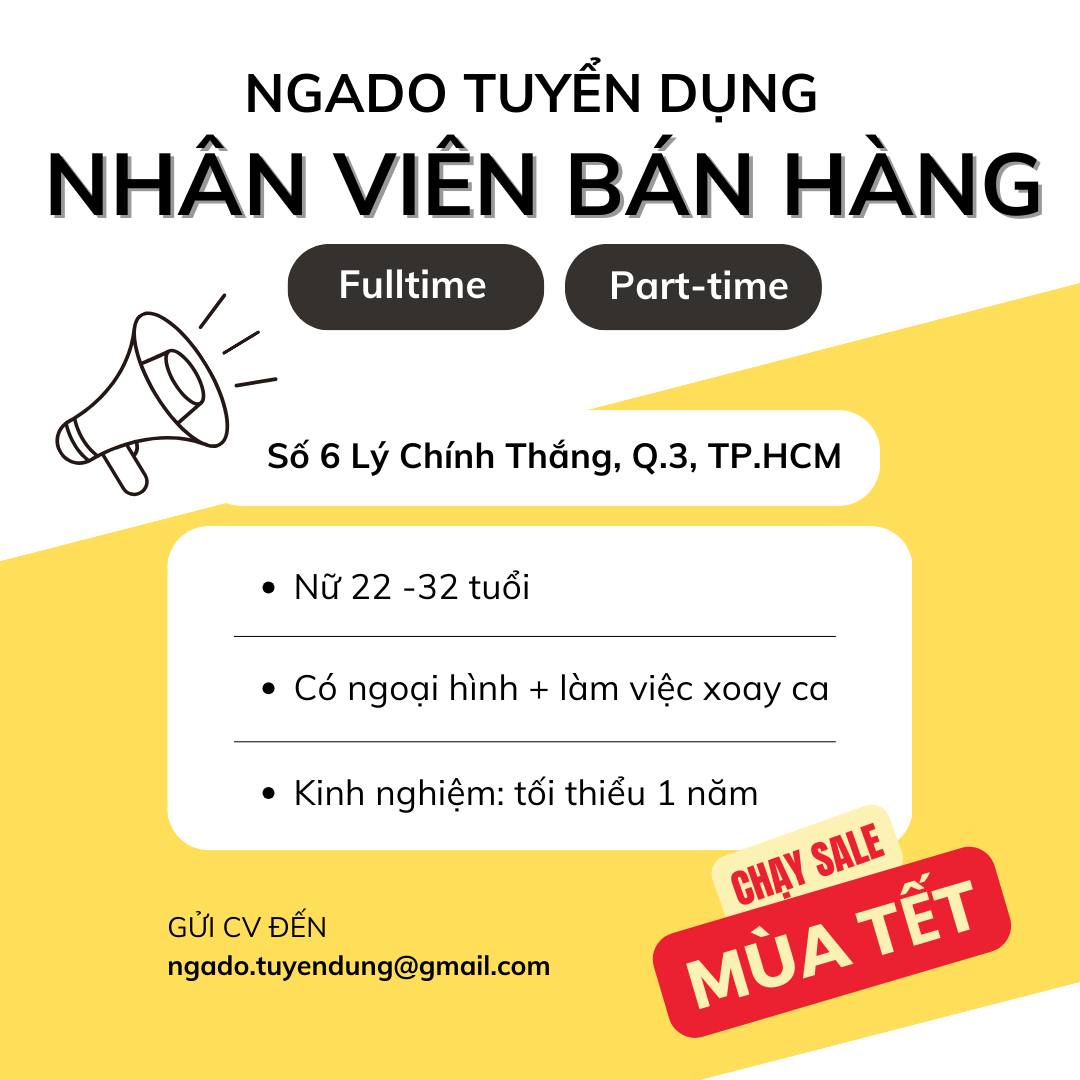 NGADO tuyển dụng: NHÂN VIÊN BÁN HÀNG