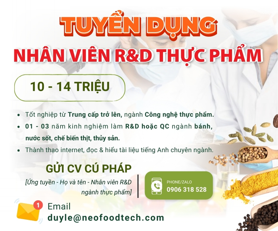 NEO FOODTECH TUYỂN DỤNG NHÂN VIÊN R&D NGÀNH THỰC PHẨM