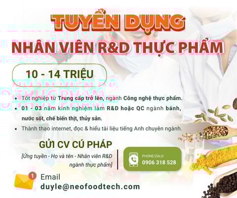 NEO FOODTECH TUYỂN DỤNG NHÂN VIÊN R&D NGÀNH THỰC PHẨM