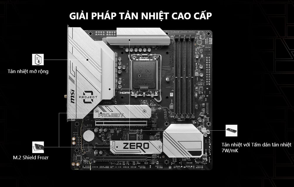 Bo mạch chủ MSI B760M PROJECT ZERO (Intel B760, LGA1700, 4 x DDR5 256GB, mATX)