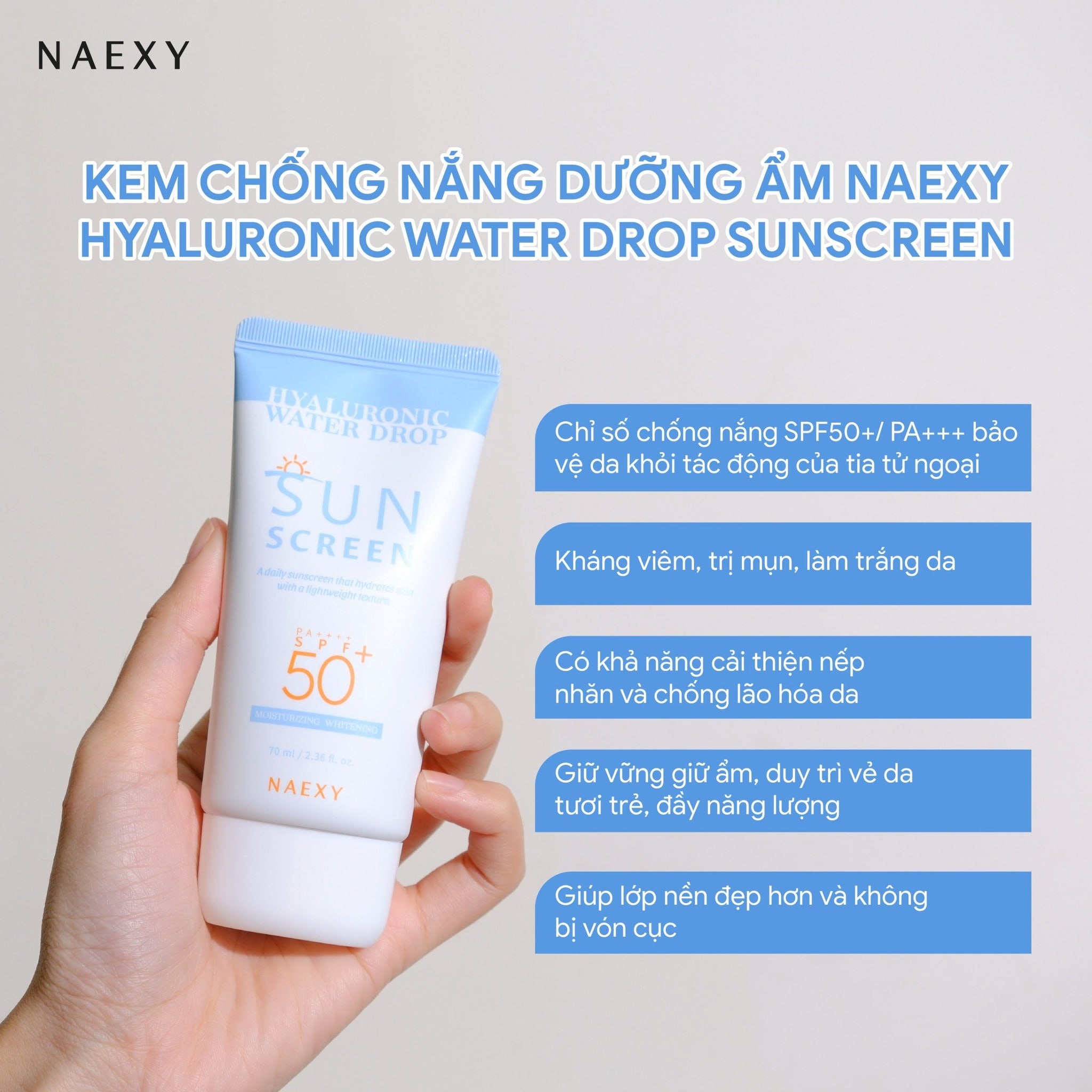 Kem chống nắng dưỡng ẩm Naexy Hyaluronic Water Drop Sunscreen 70ml