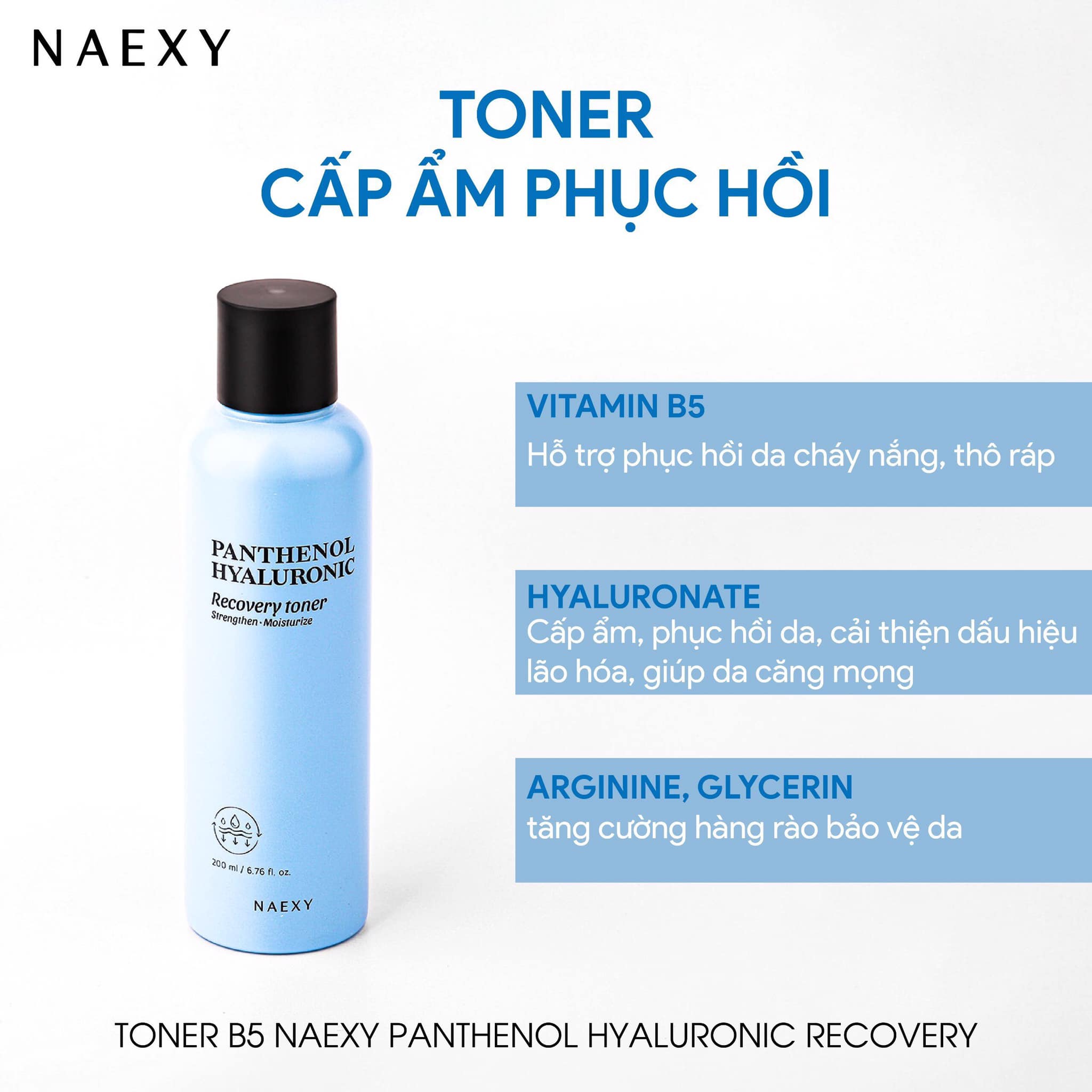 Toner B5 cấp ẩm phục hồi Naexy Panthenol Hyaluronic Recovery Toner 200ml
