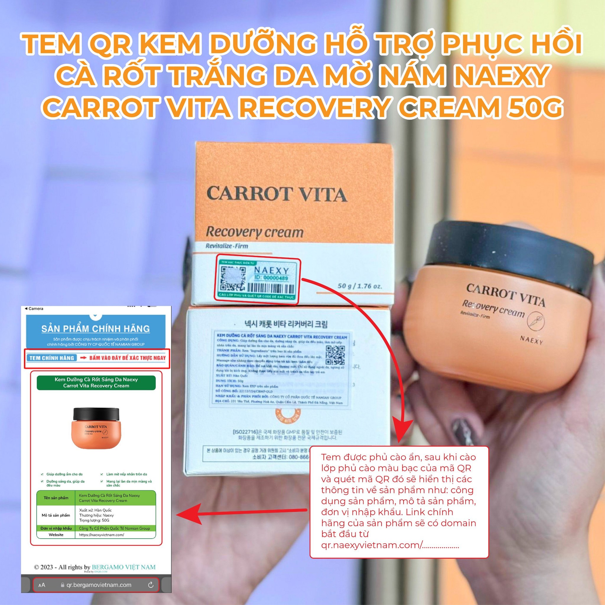 CÁCH PHÂN BIỆT KEM DƯỠNG PHỤC HỒI CÀ RỐT TRẮNG DA MỜ NÁM NAEXY CARROT VITA RECOVERY CREAM 50G CHÍNH HÃNG