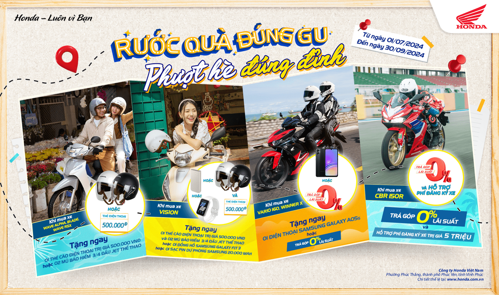 Chương trình khuyến mãi “Rước quà đúng gu, phượt hè đúng đỉnh” khi mua Honda Vision/Wave Alpha/Blade/Winer/Vario