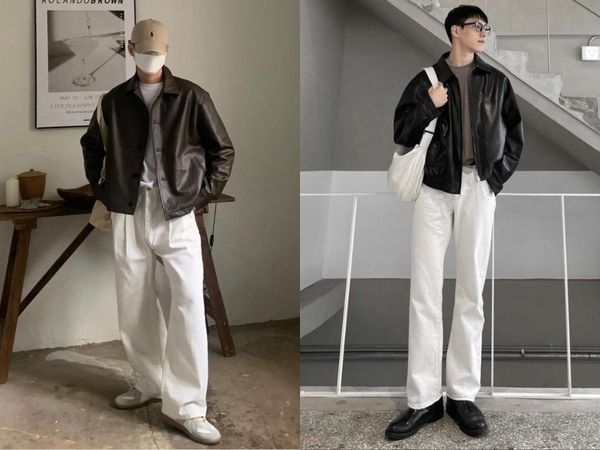 Mix áo khoác da cùng quần jean form rộng