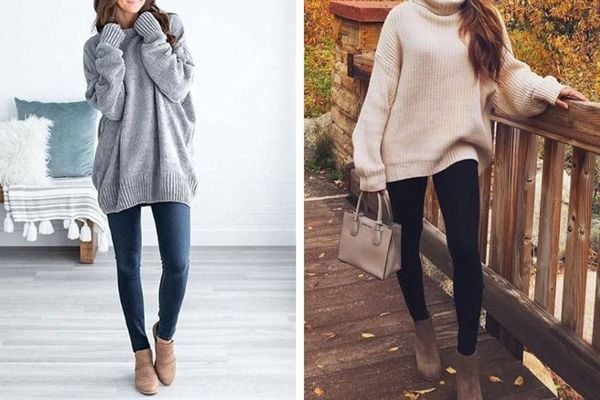 Lựa chọn áo len dáng dài phối với quần legging