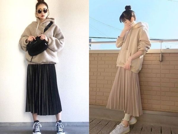 Cách phối áo hoodie nữ với chân váy dài