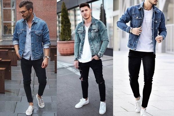 Bộ đôi quần jean đen và áo denim