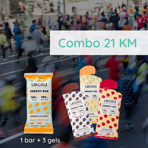 Combo dinh dưỡng cho 21km gồm 1 thanh năng lượng và 3 gel, giúp bạn nạp đủ carb và điện giải để giữ nhịp ổn định suốt hành trình.