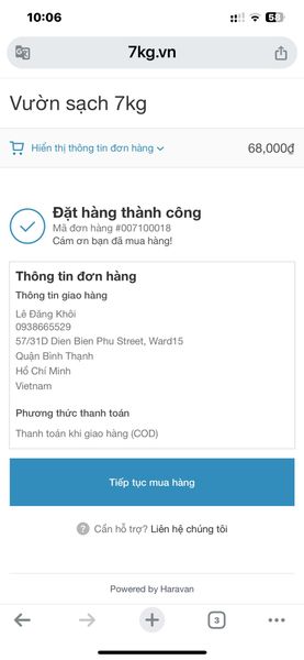 Thông báo đặt hàng thành công