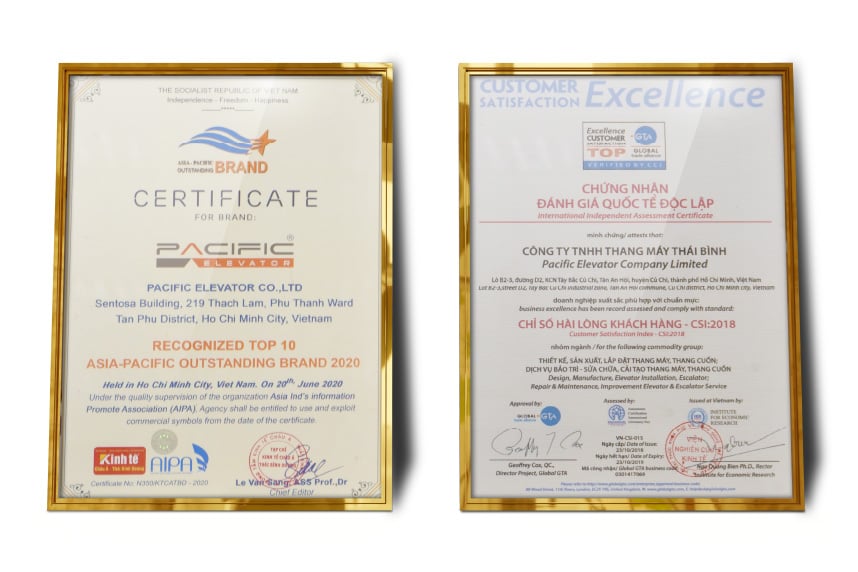 Hình ảnh các giải thưởng và chứng nhận của Thang Máy Pacific