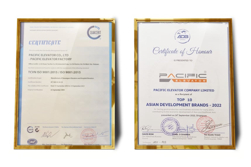 Hình ảnh các giải thưởng và chứng nhận của Thang Máy Pacific