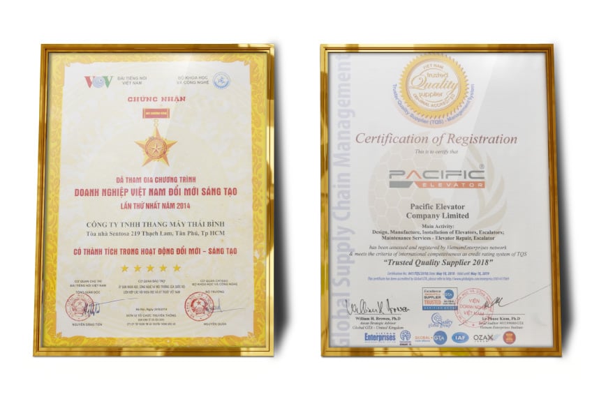 Hình ảnh các giải thưởng và chứng nhận của Thang Máy Pacific